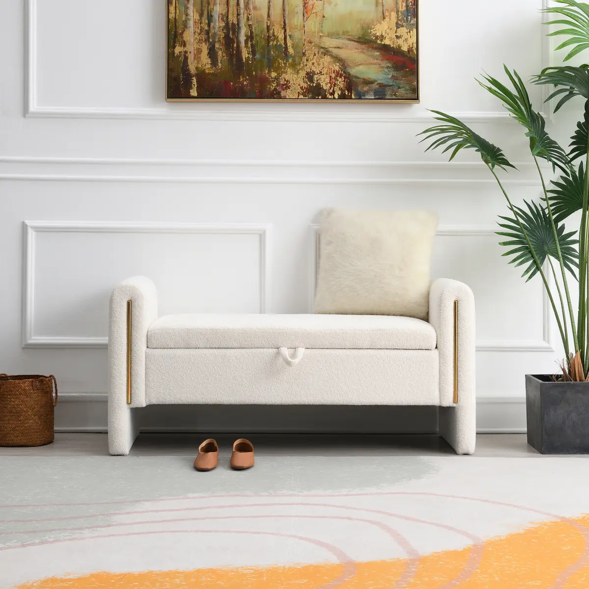 52.3x18.5x24.4 in Teddy Fabric Storage Ottoman Bench, Pine & Plywood Frame, Soft Foam Upholstered Footstool with Large Hidden Storage, Multi-Functional Entryway Bed End Bench, Easy Assembly, Footstool With Storage