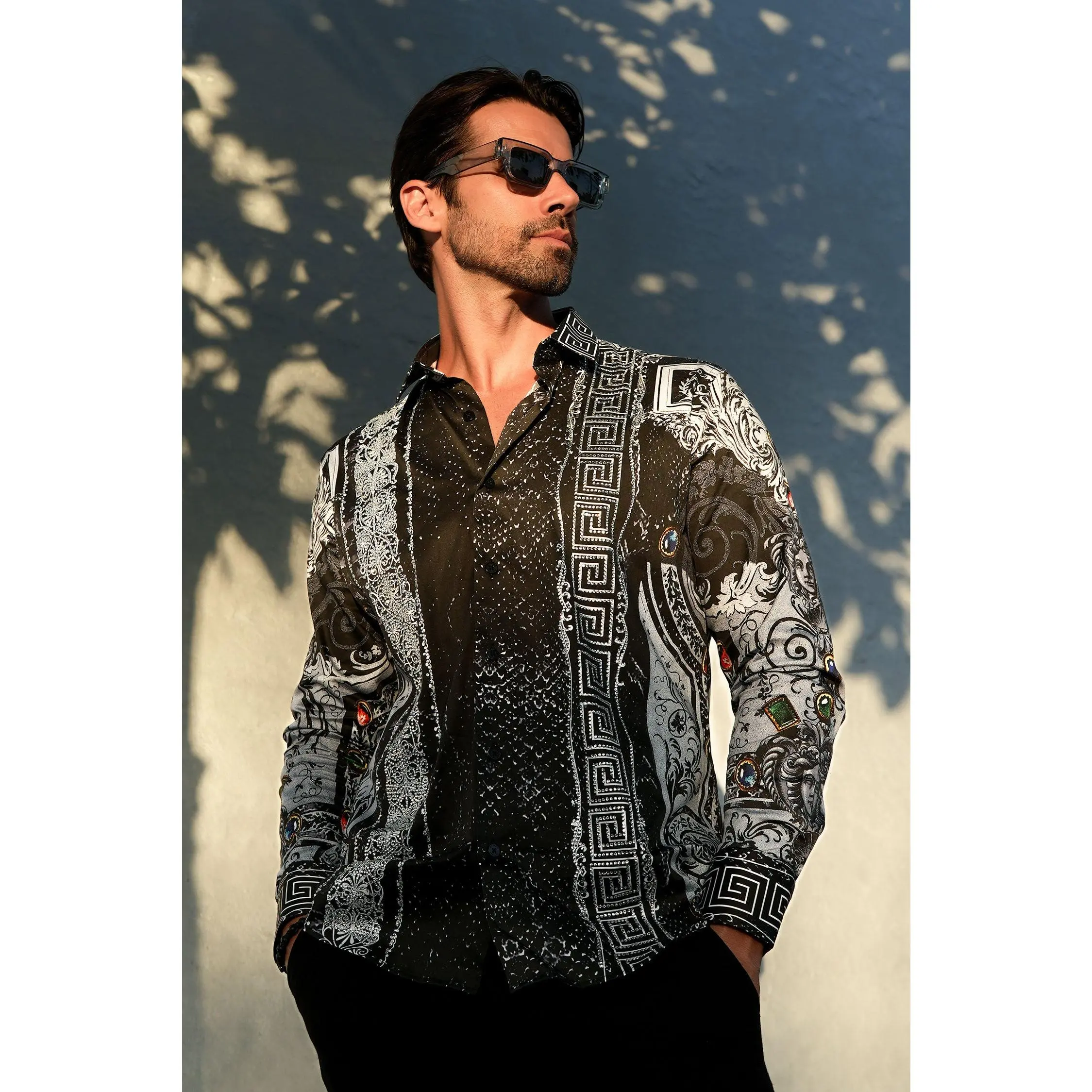 Under the Sun Summer Night Stone Long Sleeve Floral Cotton Shirt for Men Fabric Prints