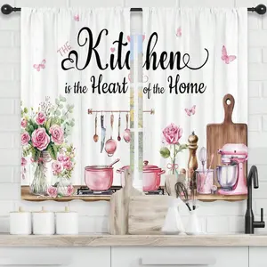 2 Panel 28"X40" Pink Rose Eucaltptus Kitchen Curtains Short Small Kitchenware Spring Butterfly Rod Pocket Funny Quotes Plants Botanical Bedroom Living Room, Home Decor, Farmhouse Home Decor