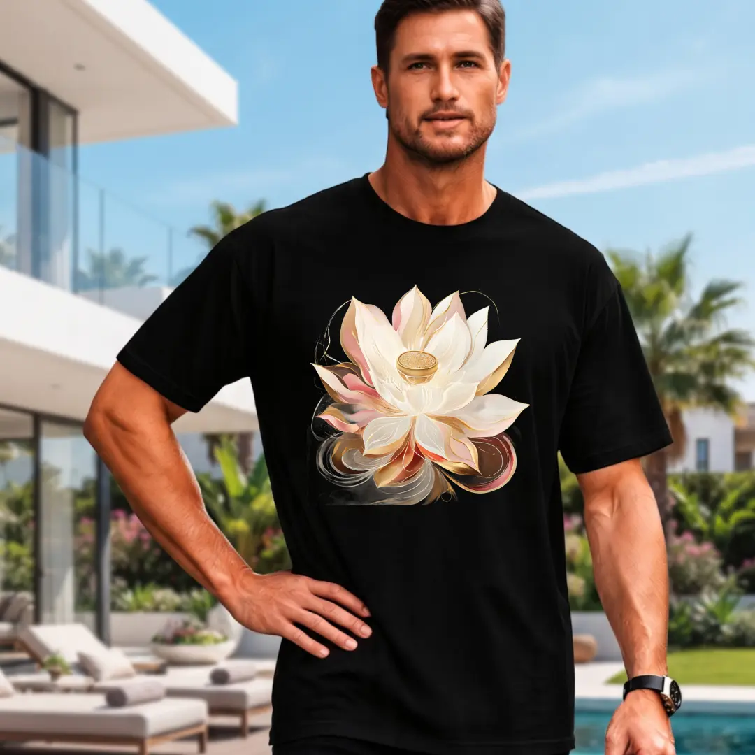 Casual Stylish Men's T-Shirt, Elegant Lotus Flower With Golden Ring Design, Summer Outdoor Poolside Vacation, Gift For Husband Boyfriend Father