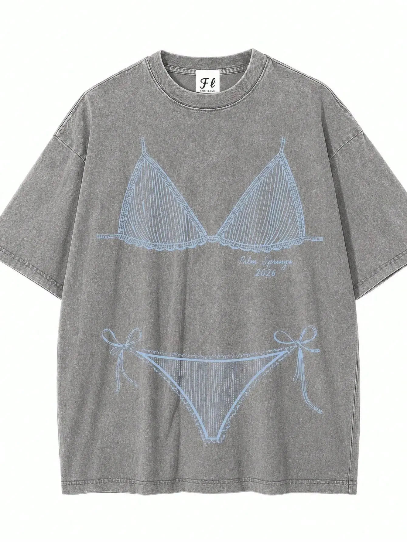 Vintage Washed Grey Palm Springs 2026 Lace Bikini Outline Graphic T-Shirt, Cute Blue Swimsuit Sketch Oversized Mineral Wash Aesthetic Women’s Tee