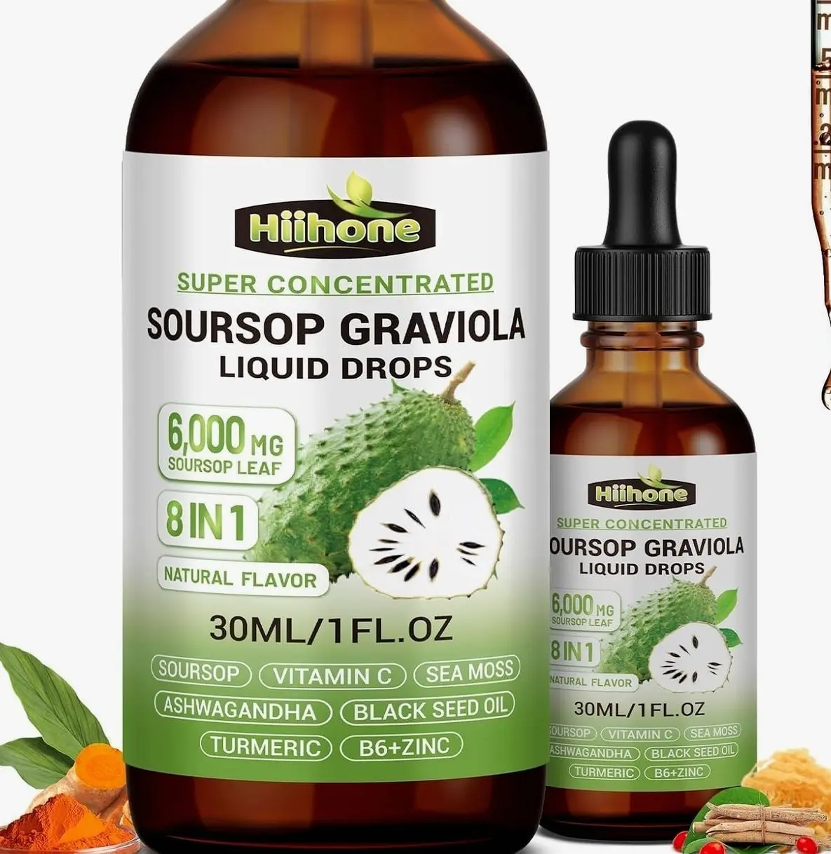 (2 Pack) 8 in 1 Graviola Soursop Leaf Extract Liquid - Soursop Bitters Liquid with Sea Moss, Ashwagandha and Turmeric, for Immune & Liver, Zzz & Antioxidant & Cell Support,1 Fl Oz