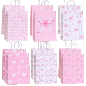 12/24-Pack Pink Bow Gift Bags — Kraft Paper Packaging Bags for Girls' Parties, Storage, and Shopping — Ideal for New Year, Holidays, and Birthdays, Gift Wrapping Supplies