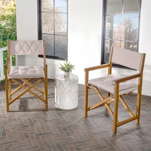 JONATHAN Y Waldo Classic Mid-Century Outdoor Acacia Wood Foldable Diamond-Quilted Back Director Chair with Cushion; Set of 2