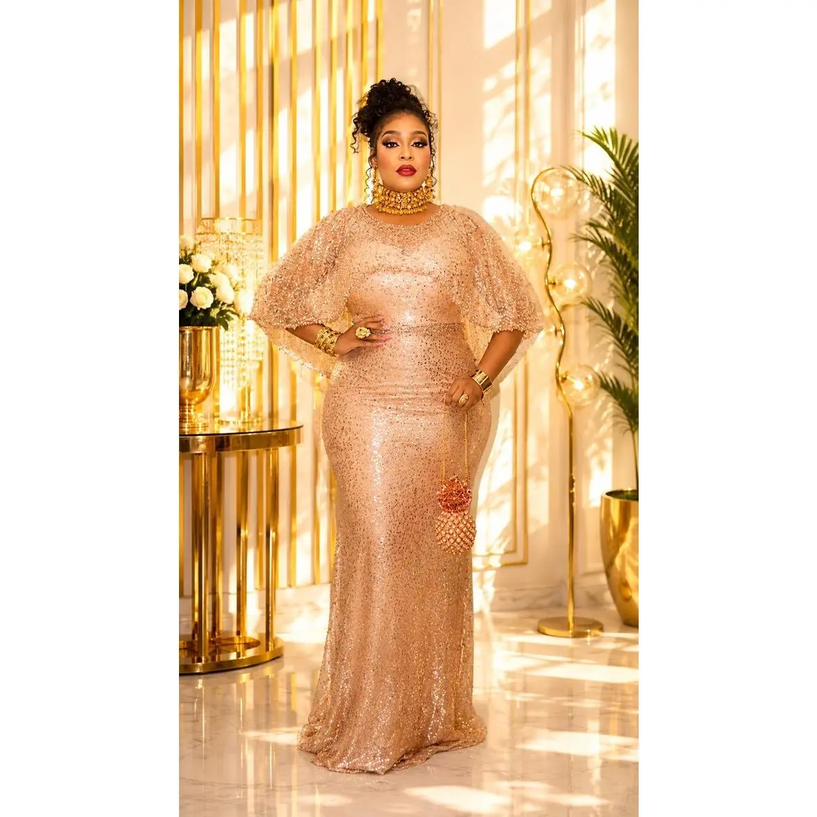 Dressed To Dazzle Gold Sequin Embellished Cape Evening Gown for Bridal Photoshoot Cocktail Reception Wedding Guest Mother of Bride Celebrant Birthday Party Dress
