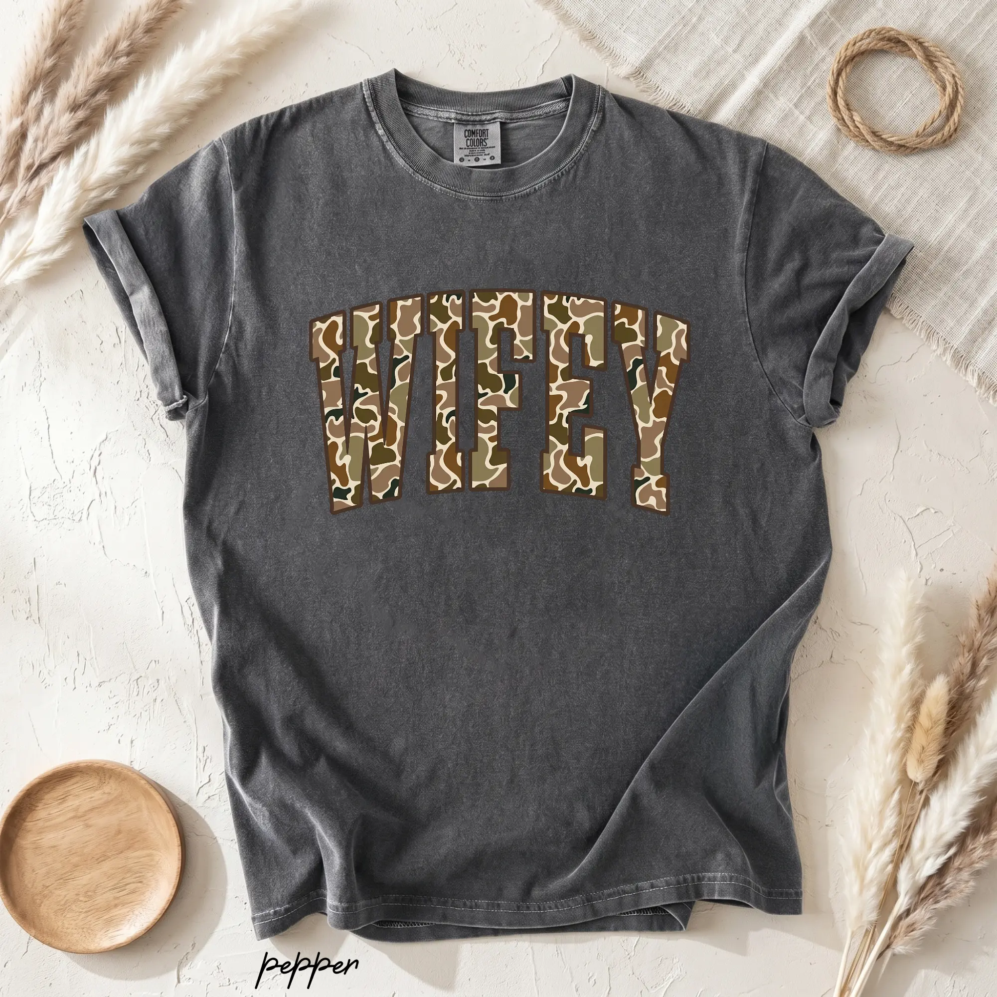 Comfort Colors Wifey Camo T-Shirt, Camouflage Wife Graphic Tee, Trendy Minimalist Wife Shirt, Gift for Wife Girlfriend, Unisex Cotton Tee