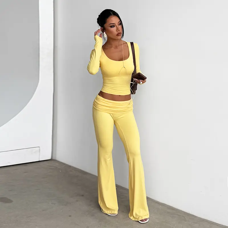 Womens Square Neck Ruched Long Sleeve Top And Casual Pants, Suitable For Travel, Vacation, Pleated Two Piece Set, Basic Casual Bodycon Matching Set Fashion Outfit