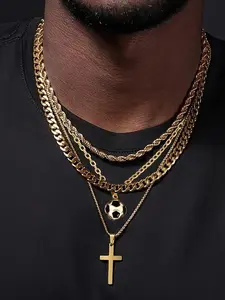 Trendy Fashion Men's Necklace Set, Football Pendant O-Shape Necklace, Twisted Rope Necklace, Hollow Design, Perfect Party Gift