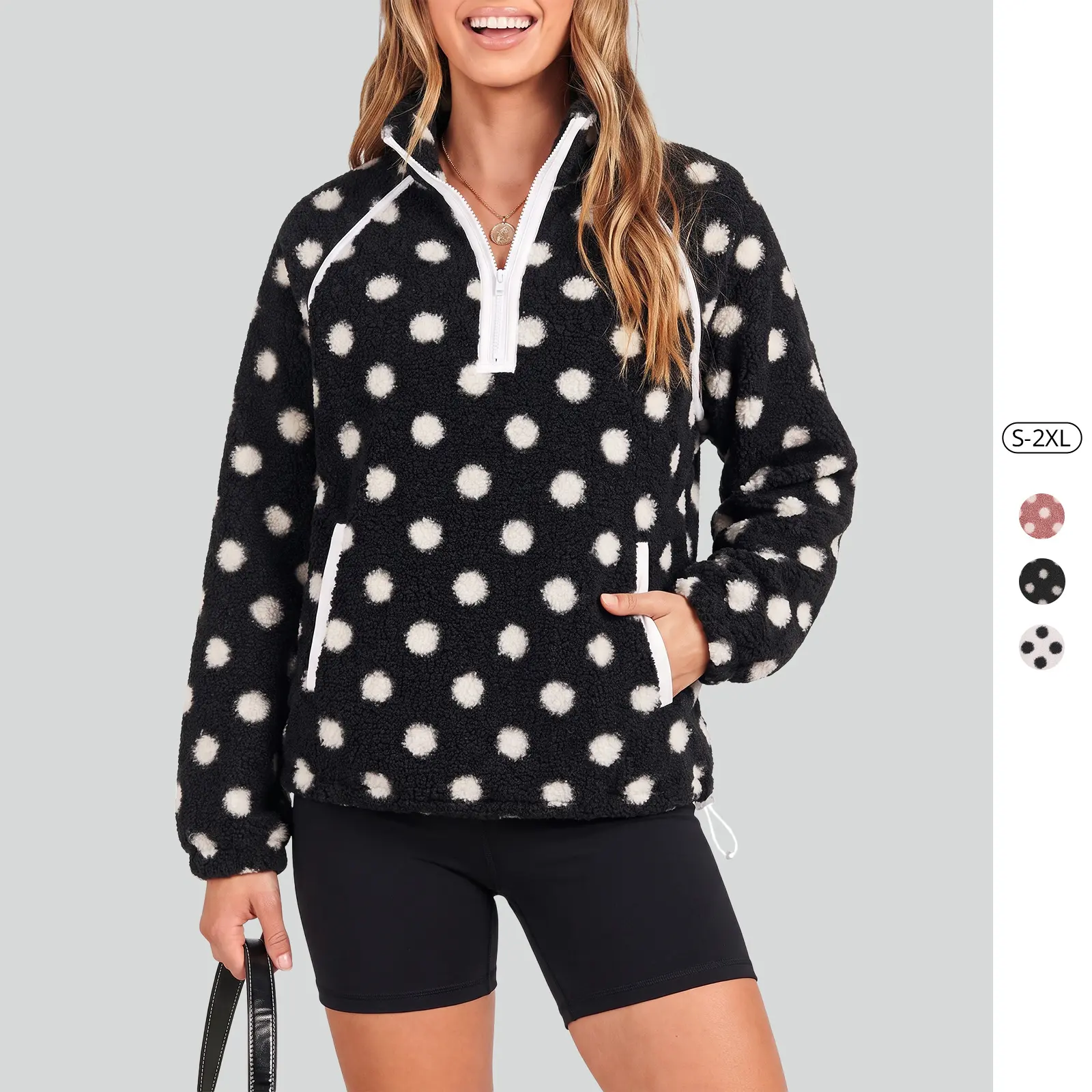 Fisoew Women Polka Dot Sherpa Fleece Pullover 1/4 Zip Stand Collar Fuzzy Jacket Contrast Piping Long Sleeve Sweatshirt with Side Pockets