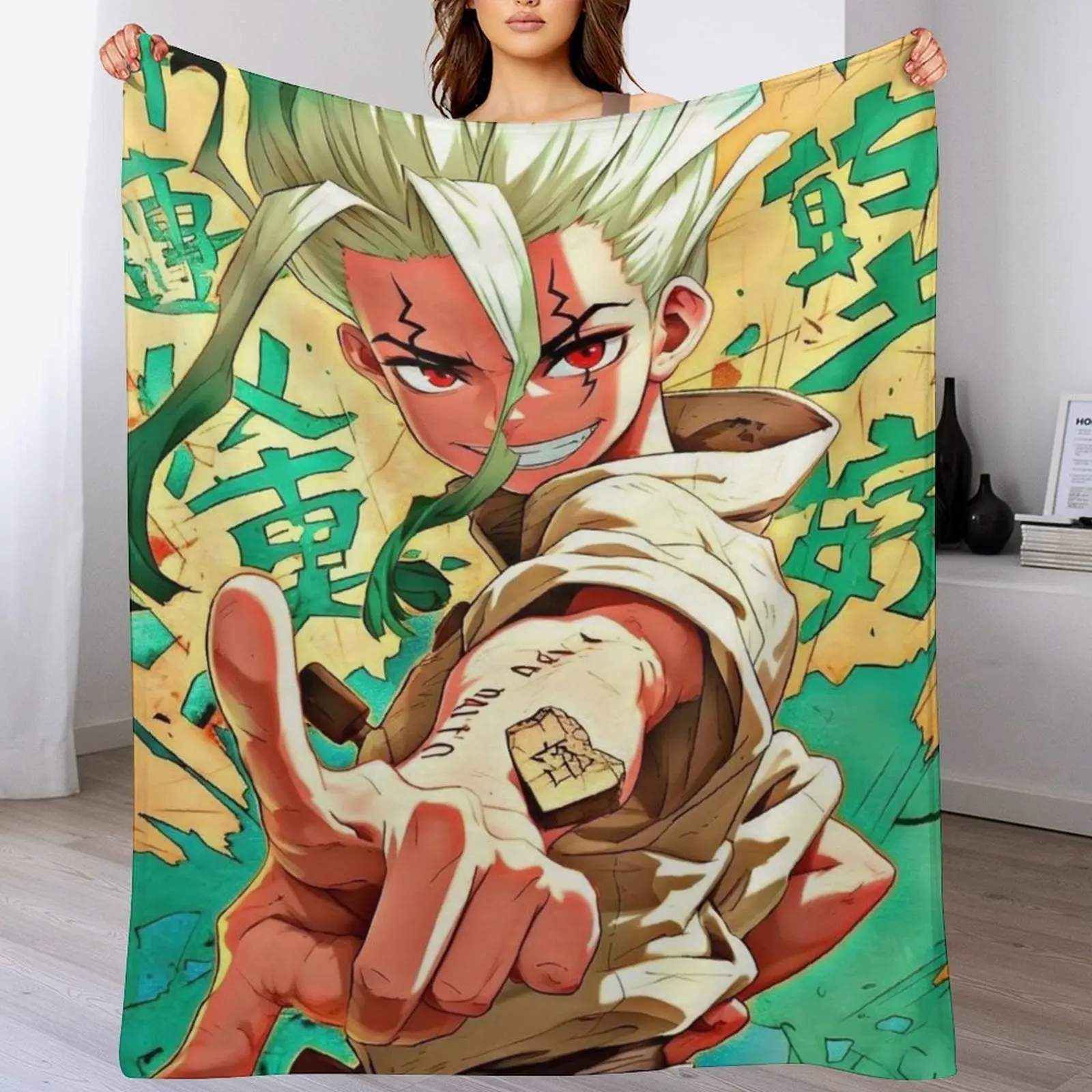 Dr. Stone Senku Ishigami Print Soft Fleece Warm Flannel Throw Blanket - Indoor/Outdoor Style Home Decor, Anime Manga Hanging Decor for Couch, Bed, Ideal Gift for Dr. Stone Fans
