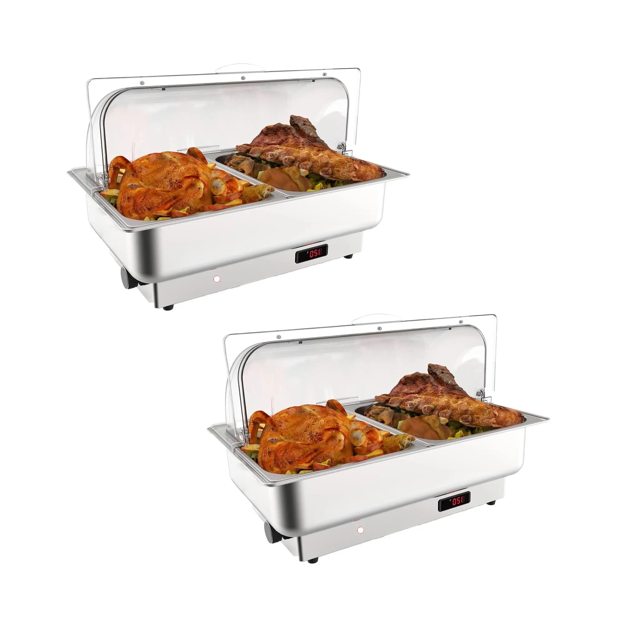 GARVEE 2 Packs Electric Chafing Dish Buffet Set, 2 × 4.5 QT Roll Top Food Warmer with Transparent PC Lid, 400W Temperature Control 86-200°F, Stainless Steel Chafer for Catering Parties