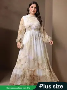【Plus Size】 Floral Print Flounce Sleeve Dress, Elegant Long Sleeve V Neck Maxi Dress for Party Holiday Wedding Guest, Women's Clothes for All Seasons
