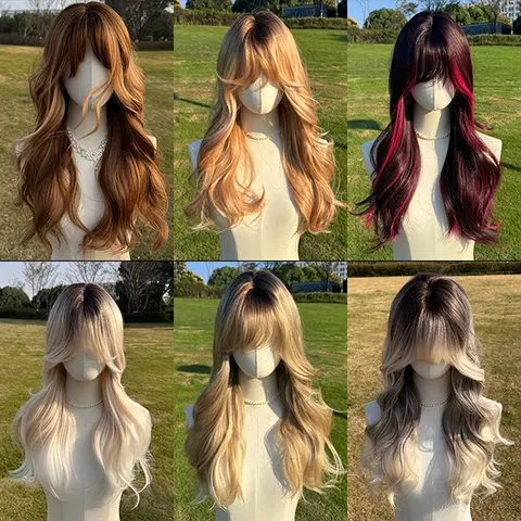 SMILCO Heat Resistant Synthetic Full Machine Wig for Women, 26in Highlight Brown with Blonde Long Curls & Bangs, Christmas Fashion Wig SM412, Wigs For Women