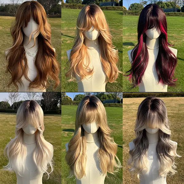 SMILCO Heat Resistant Synthetic Full Machine Wig for Women, 26in Highlight Brown with Blonde Long Curls & Bangs, Christmas Fashion Wig SM412, Wigs For Women
