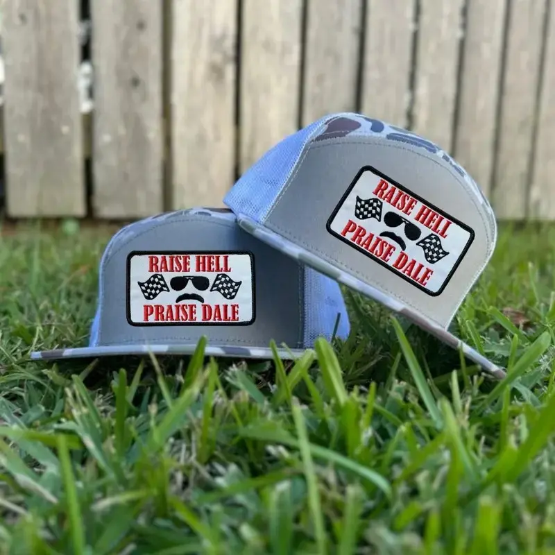 Raise Hell Praise Dale Trucker Hat | Funny NASCAR Racing 7 Panel Mesh Snapback | Flat Bill Racing Fan Cap | Gift for Him