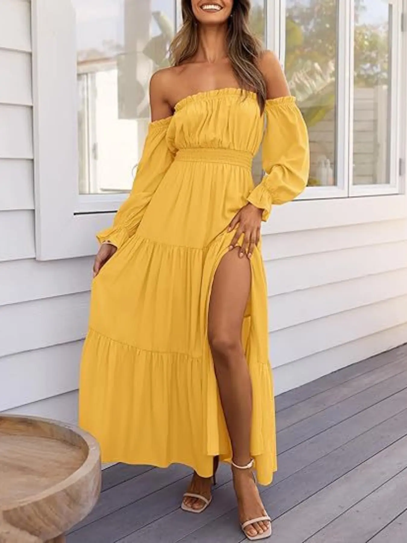 2026 Women's Boho Sexy Off Shoulder Long Sleeve Smocked High Waist Side Split Flowy A Line Tiered Long Maxi Dress - TikTok Shop 2026 Women's Boho Sexy Off Shoulder Long Sleeve Smocked High Waist Side Split Flowy A Line Tiered Long Maxi Dress - TikTok Shop