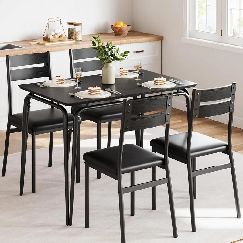 Black Dining Table with 4 Chairs,Kitchen Table and Chairs for 4, 5 Piece Dining Table Set for 4 Dining Room Table Set, Dinner Table Set for 4, Rectangular 4 Seater Dinette Set
