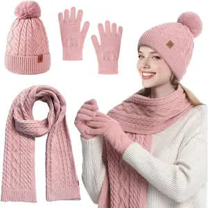 Winter Hat Gloves Scarf Set Women, Fleece Lined Beanie with Pom, Scarf  Warmer Touchscreen Gloves 3 in 1  Set