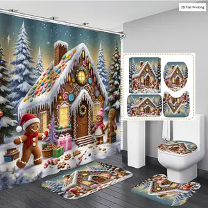 1/3/4PCS Christmas Style Gingerbread House with Decorations and Figures Shower Curtain Set with Rugs, Non Slip Bath Mat, U-Shape Carpet, Toilet Lid Cover, Polyester Fabric Bathtub Curtain Accessories, 12 Hooks, Home Bathroom Festival Decor