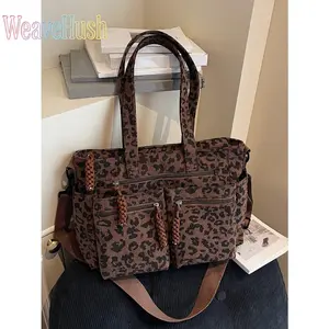 Simple casual versatile, stylish retro texture, niche design double zipper woven Leopard-print shoulder bag, Hobo crossbody bags, suitable for daily travel, shopping, Crossbody Tote Bag