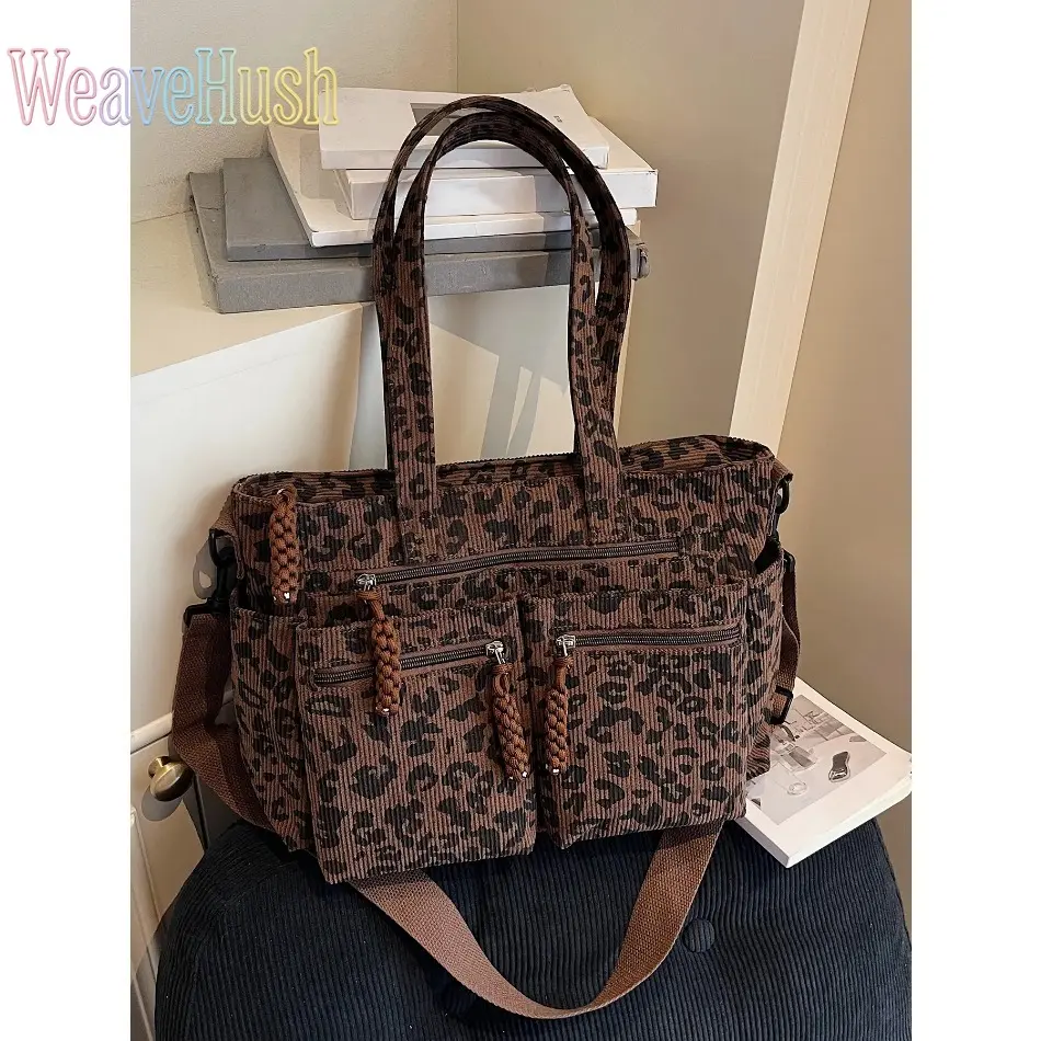 Simple casual versatile, stylish retro texture, niche design double zipper woven Leopard-print shoulder bag, Hobo crossbody bags, suitable for daily travel, shopping, Crossbody Tote Bag