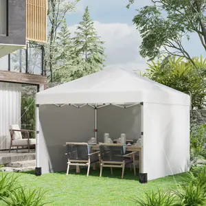 10 x 10 Foot Cream Pop Up Canopy Tent with 3 Sidewalls Leg Weight Bags Carry Bag Height Adjustable 3 Settings for Garden Patio BBQ Party Event Shelter
