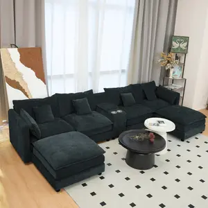 144" U-Shaped Sectional Cloud Couch for Living Room, Comfy Fluffy Modular Sofa with Movable Ottoman Modern Chenille 6 Seat Sectional Sofa Set with Console, Cup Holders