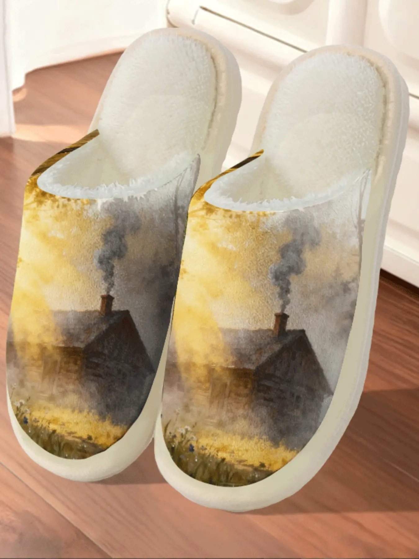 Vintage Forest Cabin Plush Slippers, Healing Oil Painting Style, Fleece Lined Warmth, Soft Eva Sole, Winter Home Casual Wear