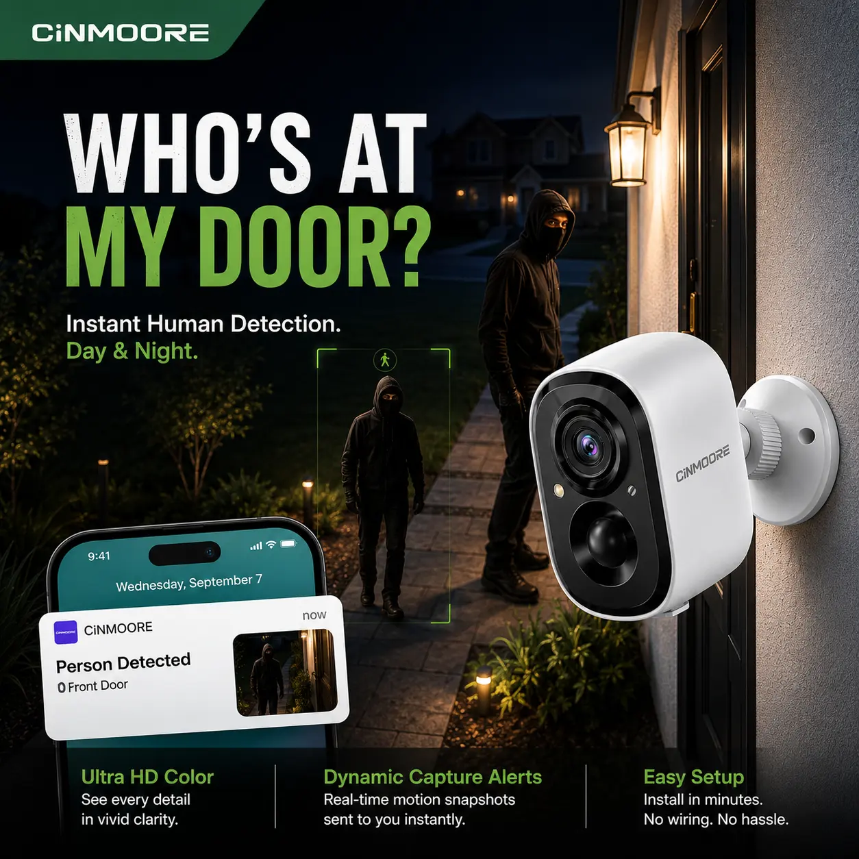 CINMOORE Security Cameras for Home Outdoor Wireless, 2.5K HD Camera Security, Color Night Vision, Human Detection, 2-Way Audio, Local Storage, No Monthly Fee camera security,camara de seguridad,cameras for home,security cameras for home Indoor Pan-Tilt AI
