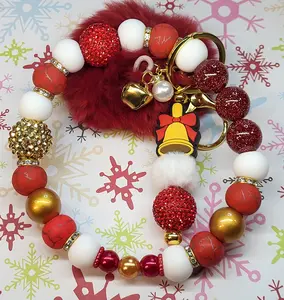 🎄Christmas Themed 304 Stainless Steel Beaded Wristlet Combo with Beaded Bar Keychain | Holiday Wristlet Keychain Set | Handmade Durable Christmas Accessory
