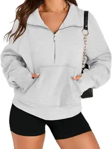 Women's Fall Winter Loose-Fit Plush Jacket, Half-Zip Long Sleeve Sweatshirt, Casual Home Wear, Shoulder Pad Design, Warm & Cozy