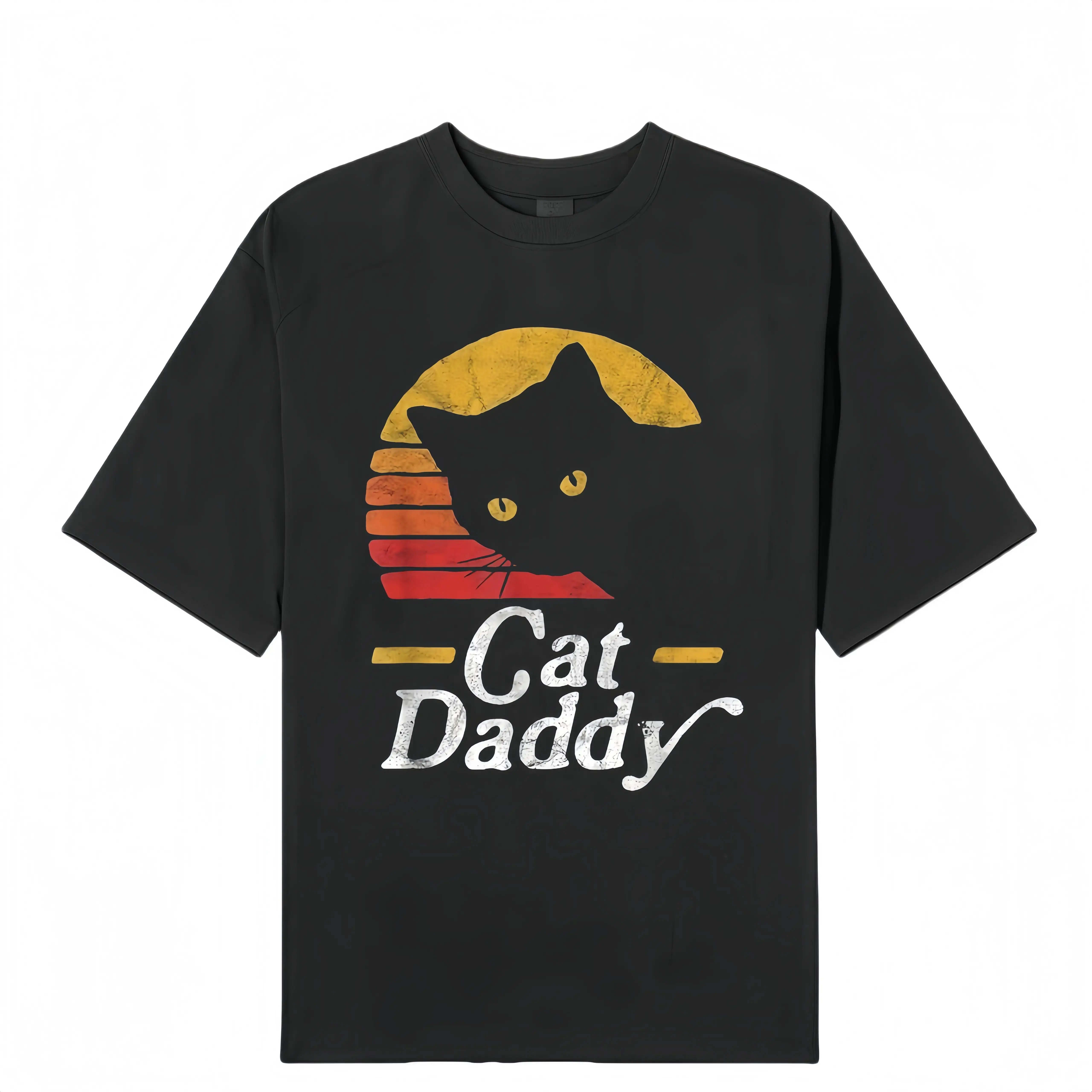 Men's Retro Casual Crewneck Graphic Tee Shirt - Distressed Cat Daddy Print, Short-Sleeve Summer Streetwear Top for Cat Lovers