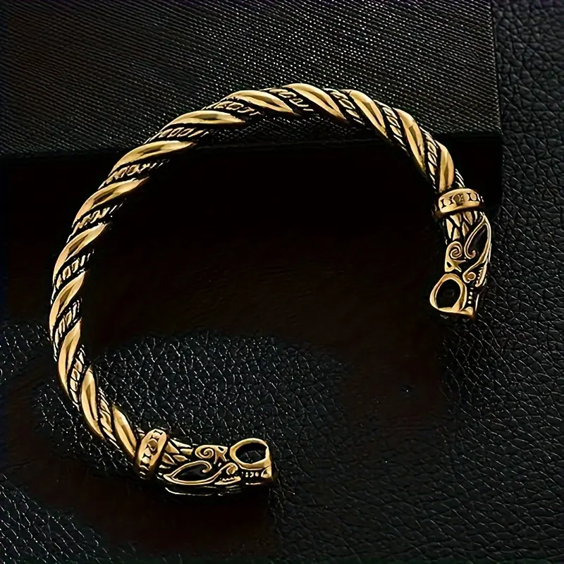 Men's Ancient Gold Alloy Viking Bangle - Open Dragon Head, Nordic Retro Animal Bracelet for Male Personality Dominant Fashion Accessories