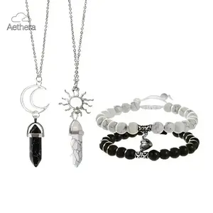 2026 NEW 4Pcs Jade Sun Moon Synthetic Stone Magnetic Couple Bracelets, Long Distance Friendship Matching Turquoise Beaded Bracelets for Women Men Gift