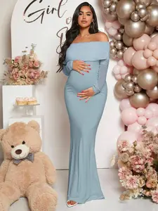 ELARA Pregnant Women Off-Shoulder Fishtail Baby Shower Long Sleeve Dress For Maternity