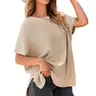 Shewin Women's Oversized Cotton Knit Sweater - Chic Soft New Year Knitwear, Casual Solid Pullover Top with Puff Short Sleeves, Round Neck, Side Slit for Work, Back-to-School