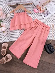Toddler Girl's Tiered Layer Ruffle Trim Cami Top & Elastic Waist Pants Set, Cute Casual Spaghetti Strap Camisole & Wide Leg Pants for Beach Vacation Holiday, Summer Outfits, Baby Clothing, Essentials Set