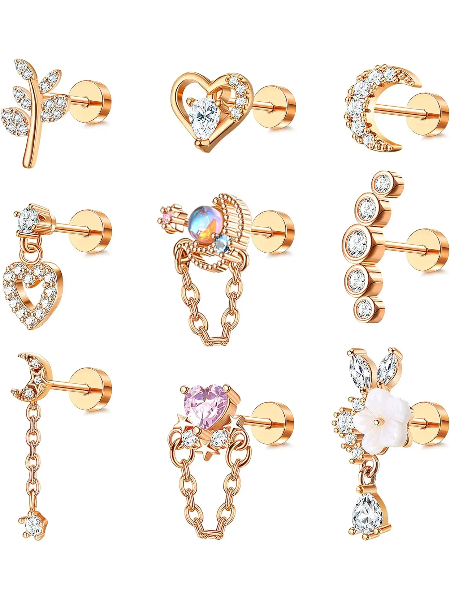 9 Pcs 16G Cartilage Earrings for Women 316L Stainless Steel Ear Piercing CZ Dangle Conch Helix Tragus Earrings Flat Back Earrings Screw Back Helix Piercing Jewellery Fashionable Jewelry, Stud Earring Jewelry, Cartilage Earring Set