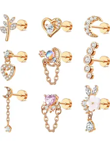 9 Pcs 16G Cartilage Earrings for Women 316L Stainless Steel Ear Piercing CZ Dangle Conch Helix Tragus Earrings Flat Back Earrings Screw Back Helix Piercing Jewellery Fashionable Jewelry