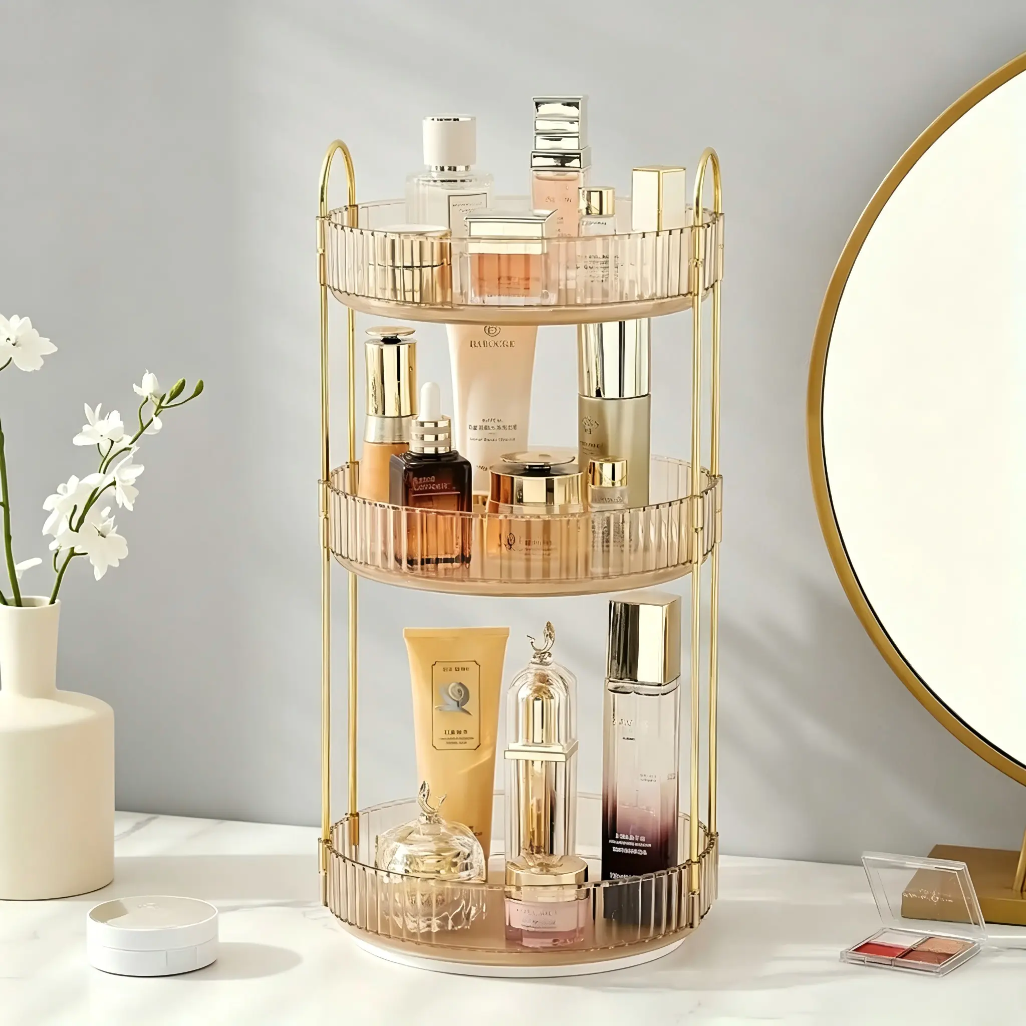 3-Tier 360° Rotating Makeup Organizer, Luxury Gold Frame Transparent Vertical Striped Skincare Storage Rack, Large Capacity Vanity Cosmetic Display Tray for Bathroom Bedroom Dresser
