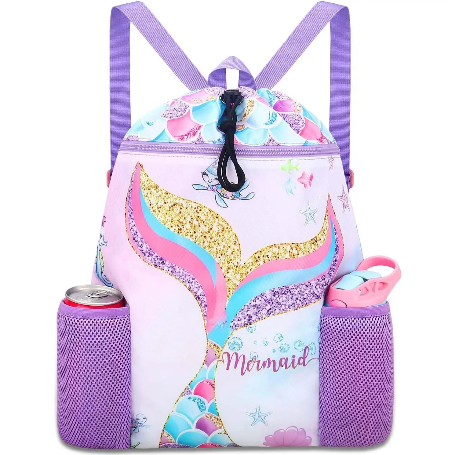 Swim Bags for  - Drawstring Backpack for Girls Beach Swimming Pool Lightweight Draw String Bags   Gym Bag With Two Water Bottle Holder