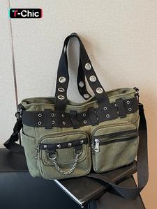 punk style studded & chain decorated crossbody bag, multi-pocket shoulder bag for women, casual trendy versatile high-quality daily commuting bag
