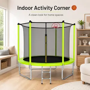 12FT Green Family Trampoline with Basketball Hoop & Ball, ASTM-Certified Outdoor Recreational Bouncer with Safety Enclosure Net, Galvanized Steel Frame for Backyard