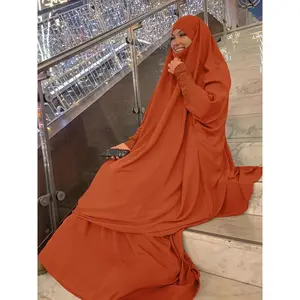 Ramadan Solid Color Two-piece Set, Batwing Sleeve Hijab Dress & Wide Leg Pants Outfits, Women's Clothing