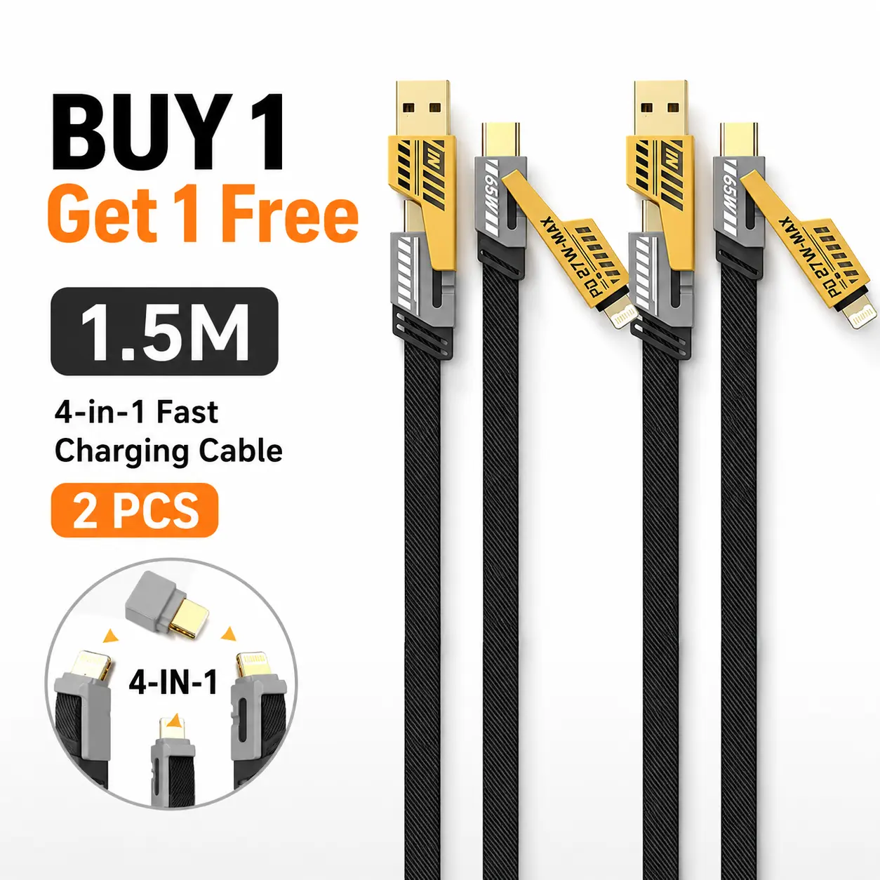 [BUY 1 GET 1 FREE] Fast Charging 4-in-1 Flat Wire Cable Type-C to USB-A & Type-C to Lightning High Speed Charging (LC) - MM2