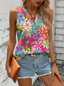 A women's casual and fashionable flower print V-neck sleeveless top, elegant and versatile, suitable for summer, vacation, beach