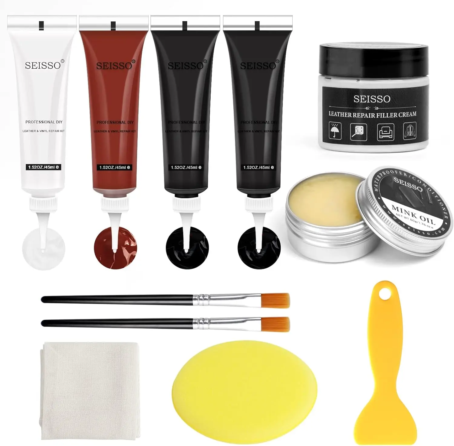 SEISSO Leather Repair Kit for Furniture, Vinyl Repair Kit, Leather Dye with Mink Oil, Leather Repair Filler - Restorer of Scratch, Tears, Burn Holes, Leather Repair Gel for Couches, Car Seats, Shoes