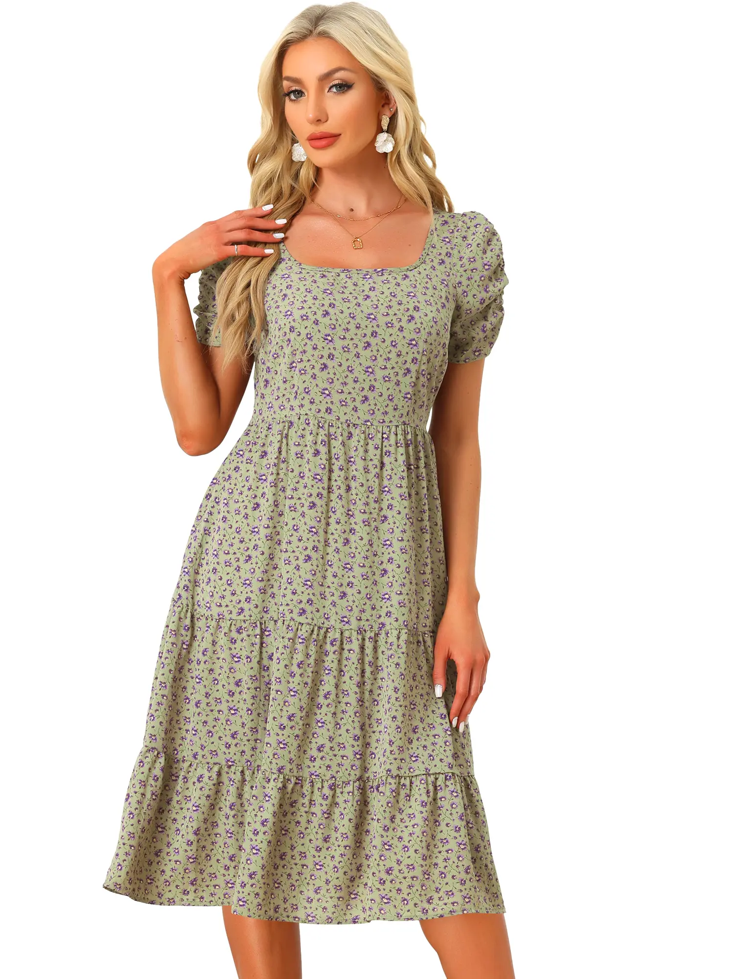 INSPIRE CHIC Floral Square Neck Puff Short Sleeves Tiered Ruffled Hem Dress