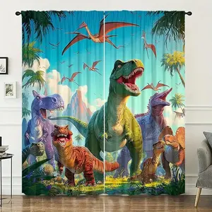 2-Piece Semi-Sheer Curtains, Dinosaur Jungle Animal Print, Top Rod Hanging, 100% Polyester, Sunblock, Privacy, Insulation, Noise Reduction