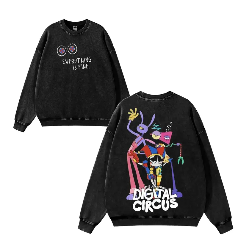 The Amazing Digital Circus Washed Cotton Shirt, TADC Shirt, Graphic Tee, Cartoon Double Printed Vintage Washed Tee Cotton T-shirt Fabric Menswear Top Collar